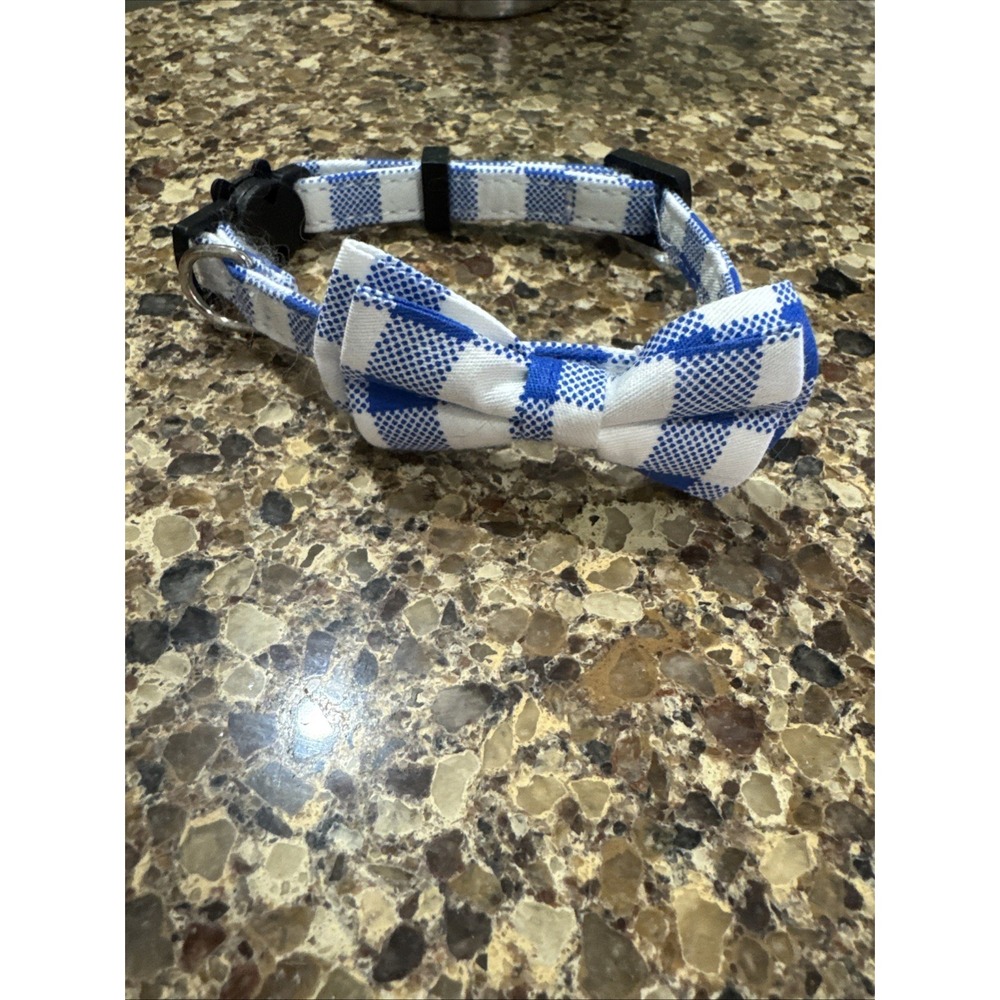 Cat Collar‎ Breakaway Bow Tie Blue And White Checkered Adjustable Kitten Collar